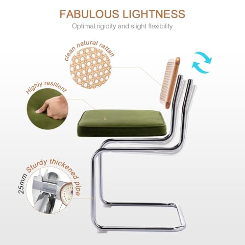 Image of Zesthouse Natural Rattan Dining Chairs Set of 6, Olive Green Modern Kitchen Chairs with Solid Wood Back & Chrome Base, Mid Century Breuer Design Inspired, Upholstered Luxurious Velvet Fabric