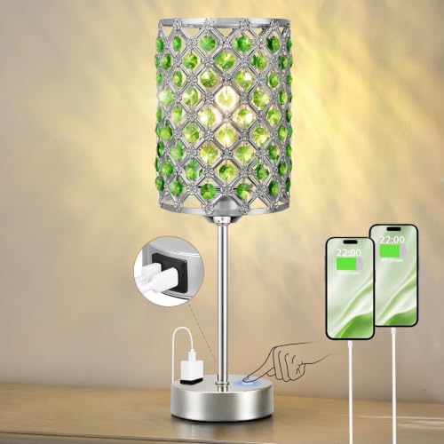 Hong-in Green Lamps for Night Stands-Crystal Table Lamp with USB-C+A & AC Charging Ports, 3-Way Dimmable Nightstand Touch Lamp, Bedside Desk lamp for Bedroom Living Room Home Office — view 2