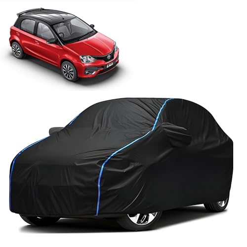 Image of Kerwa Car Body Cover Waterproof with Toyota Etios Liva, Dust & UV Resistant All-Weather Proof Full Body Cover, Black with Blue Lining, Triple Stitch Elasticated Bottom with Mirror Pocket