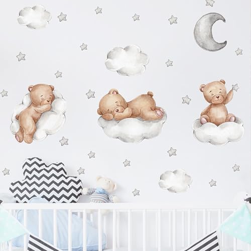 URYVAIW Pegatina de Pared de Oso con Nubes, Estrellas y Luna, Decoración Removible y Segura para Habitación Infantil y Nursery, Vinilo Decorativo (Diseño FX D286)