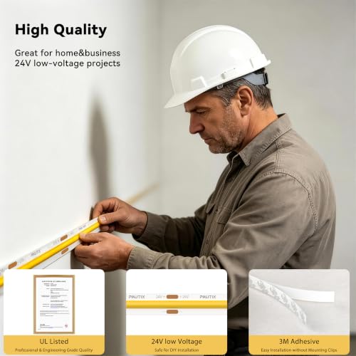 Image of PAUTIX COB LED Strip Light 20ft /6.1m 3087LEDs Warm White 2000K CRI90+ High Lumen,DC24V Flexible LED Tape for Cabinet Home DIY Lighting Projects with 1pcs COB Connector Wire(Power Supply Not Included)