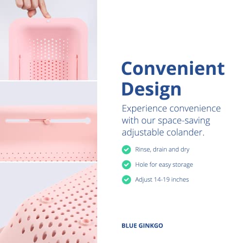 Blue Ginkgo Over The Sink Colander Strainer Basket - Wash Vegetables And Fruits, Drain Cooked Pasta And Dry Dishes - Extendable - New Home Kitchen Essentials (7.9 W X 14.5-19.5 L X 2.75 H) (Pink) #TOP3