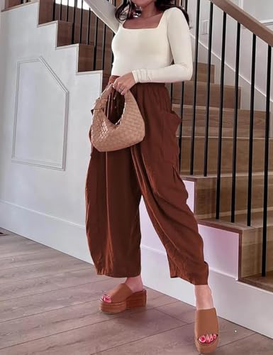 Linen Blend Drawstring Waist Pocketed Loose Pants Casual Simplicity Pocket Loose Mid Waist Wide Leg Solid Color Bottoms3