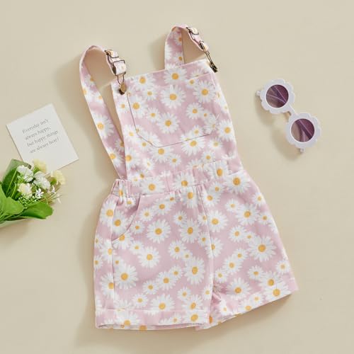 Image of Ayalinggo Toddler Baby Girl Sunflower Print Overalls Shorts with Pocket Suspender Trousers Cute Summer Clothing Outfit