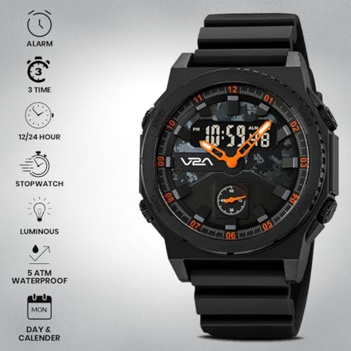 Image of V2A Stryke TERRAX 2855 Analog-Digital Watch for Men | Tactical Black Performance Dial with Digital Display | Rugged Everyday Sports & Outdoor Style Watch | 50M Waterproof