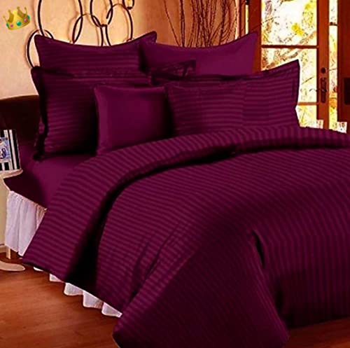 Image of Combo Pack of 2 Cotton Satin Stripes Plain Bedsheets for Double Bed with 4 Pillow Covers for Home, Hotels Rooms, Guest House (Color- Maroon & Brown)