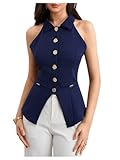 Floerns Women's Elegant Sleeveless Halter Tops Button Front Collared Blouse Shirts Dark Blue Medium