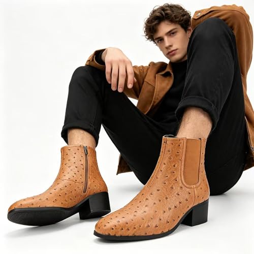 Image of Men'S Classic Leather Chunky Heel Chelsea Boots With Side Zipper Fashion Pointed Toe Elastic Band High Top Block High Heel Formal Chukka Booties For Casual Business Party Wedding