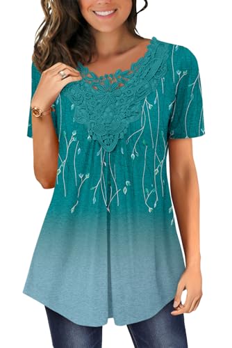 Magritta Women Shirt Summer Ladies Blouses Plus Size Short Sleeve Lace Crewneck Tunic Tops Work Trendy Loose Swing Tops for Leggings Blue Green, 18-20