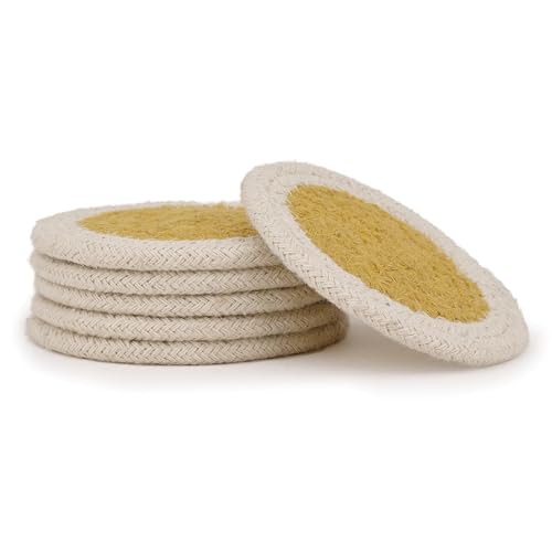 Image of Encasa XO Drink Coasters Set of 6 | Yellow & Off White with Round (9 cm) | Handcrafted Ribbed Cotton | Absorbent & Heat-Resistant | Use for Tea, Coffee Table & Desk