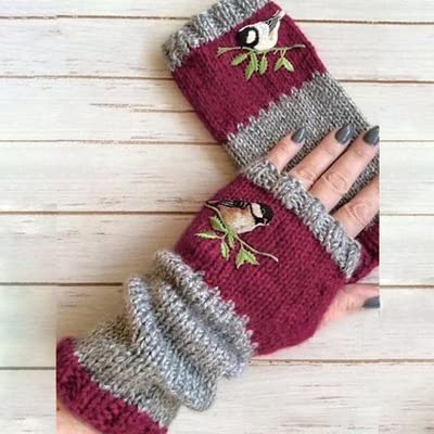 LXTOPN Gants thermiques d'hiver pour femme - Sans doigts - En tricot - Motif oiseau - Couleur brodée - Bloc-rouge Cover