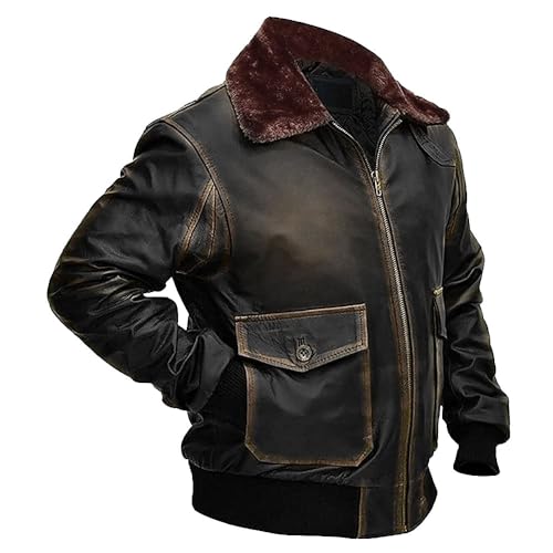 Image of Mens G-1 Fur Collar US Navy Flight Distressed Brown Aviator Genuine Leather Jacket