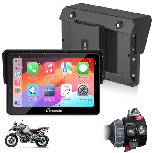 CARPURIDE W502BS Pro para Motocicletas BMW, CarPlay y Android Auto, Bluetooth Dual, Pantalla de Navegación GPS Impermeable de 5 Pulgadas, TPMS, Sensor de Luz, Función para Compartir Música