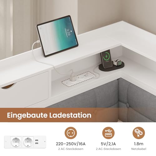 AOGLLATI Polsterbett Schlafsofa 140x200 mit 6 Staufächern Jugendbett 140x200 mit LED-Beleuchtung Tagesbett mit Steckdosen Gästebett Bettgestell mit Lattenrost aus Metall, Ohne Matratze (Weiß) – Bild 6
