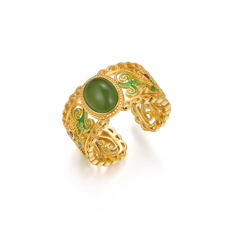 14K Gold Over S925 Sterling Silver Hetian Jade Yǎnwēi Open Rings, Chinese New Year Blessings, Ethnic Style Hand Ornament