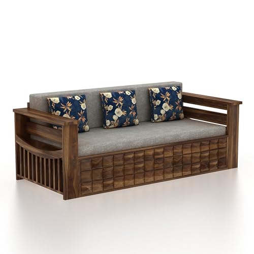 Image of Ganpati Arts Solid Sheesham Wood Diamond 3 Seater Sofa Cum Bed with Storage and Side Pockets for Living Room Wooden Furniture Sofa Bed for Home - Teak Finish 1 Year Warranty