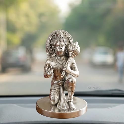 Image of Hanuman Ji Murti for Car Dashboard - 4 Inch Silver Polyresin Idol | Bajrangbali Statue for Home, Office & Mandir | Spiritual Showpiece | Housewarming, Birthday, Diwali Gift