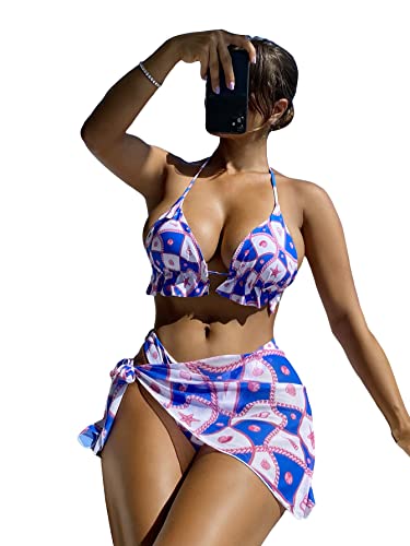 Milumia Women's 3 Piece Swimsuits Tie Back Frill Trim Halter Triangle Bikini Set with Beach Mini Skirt