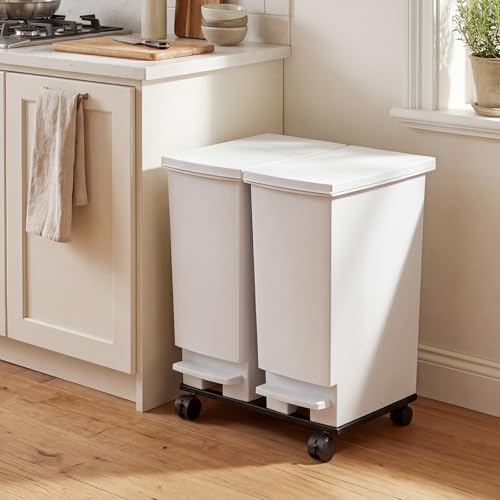 Image of Large Trash Can with Wheels and Lid, 8 Gallon Kitchen Foot Pedal Garbage Can with 360 Swivel Casters, Hands Free Step On Recycling White Trash Can - Odor Block, Durable Metal Wheel Base, 2Pack