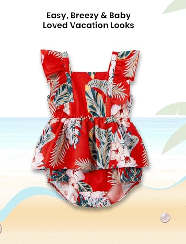 Image of PATPAT Matching Family Hawaiian Outfits - Mommy and Me Hawaiian Dress Matching Set Tropical Palm Leaf Print Summer Dress Sundress Halter Neck Romper Dress Red Flower Baby Girl 6-9 Months