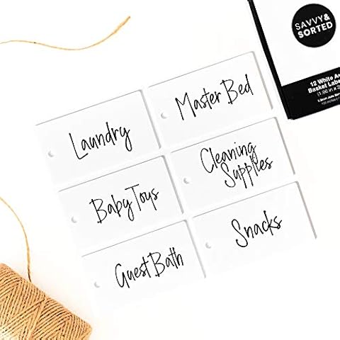 12 White Acrylic Basket Tags - Jute String Label Holders for Storage Bins - Acrylic Hanging Tags Labels for Baskets - Basket Labels Clip On - Bin Clip Labels - Organizing Tags Personalized Gift Tags Cover