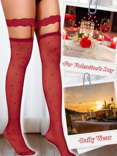 Image of ShawGobow Heart Thigh High Stockings,Petite Size Sheer Mesh Garter Stocking,Sexy Knee Highs For Women Vday Date Fits 00-6
