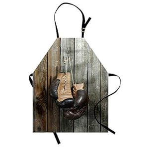 Ambesonne Vintage Apron, Vintage Boxing Gloves on the Old Wooden Background Antique Equipment Photo Art Print, Unisex Kitchen Bib with Adjustable Neck for Cooking Gardening, Adult Size, Brown