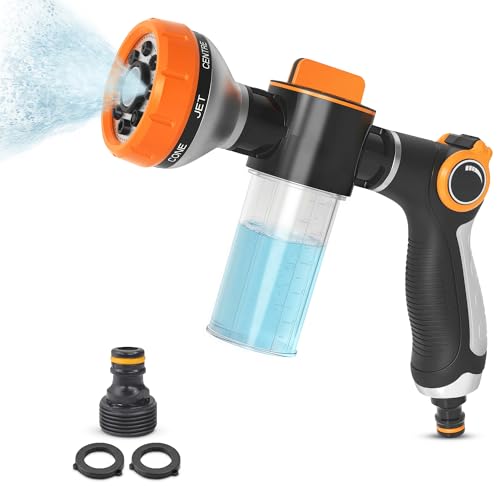 Hose Nozzle with Soap Dispenser, Car Wash Sprayer and Soap Sprayer Hose Attachment - Foam Control Dial with 8 Spray Patterns, 3.5 oz Tank - Fits 3/4 Inch Thread for Dog Rinsing & Decks, Ergonomic Grip