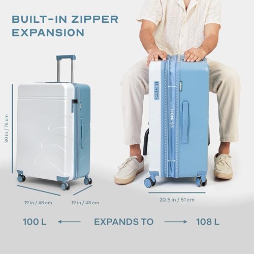 Image of Assembly Large Check-in Suitcase with Expandable Design & TSA Lock, Spacious + Expandable Polycarbonate Hard Shell Luggage for Long Holidays with up to 8L Extra Space, Blue, 28-Inch