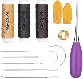 NAMOON 14 Pcs Upholstery Sewing Kit, Leather Working Kit with Heavy Duty Sewing Needle, Leather Sewing Wax Thread and Stitching Awl, Leather Sewing Kit, Leather Stitching Kit for Leather Craft DIY