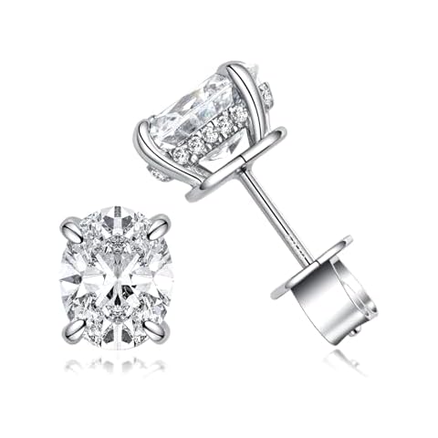 Bo.Dream Oval Cut Cubic Zirconia CZ Stud Earrings for Women Faux Diamond 18K White Gold Plated Sterling Silver (Total 4.0ct, 7x9mm) Cover