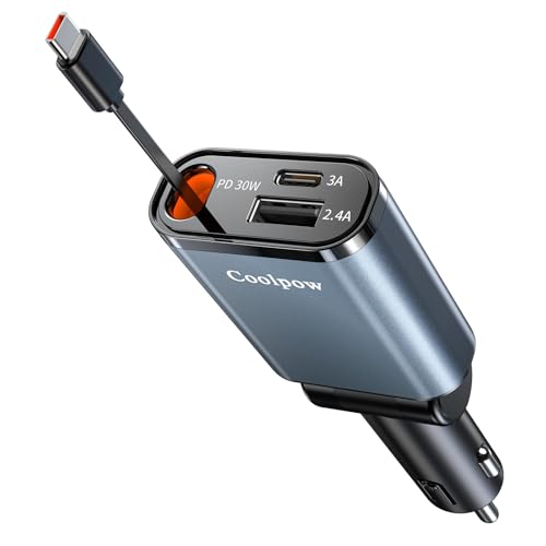 3 EN 1Retráctil Cargador Coche Carga Rápida【2025 Ultra-Compacto】 Cargador Mechero Coche USB C Car Charger Adaptador Móvil Coche con Cables Retráctiles y Puerto USB-C/USB-A para iPhone Samsung iPad