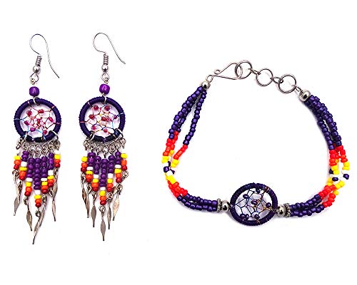 Handmade Native American Style Tribal Dream Catcher Seed Bead Multi Strand Bracelet Dream Catcher Long Beaded Dangle Earrings Jewelry Set (Purple)