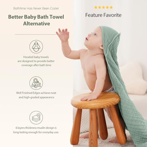 Image of Unnivoll Hooded Baby Towels for Newborn - 2 Pack, 100% Muslin Cotton, Baby Bath Towels with Hood, Soft and Absorbent for Boys, Girls Infant, Toddler and Kids, Large 32x32 Inches, Newborn Essential