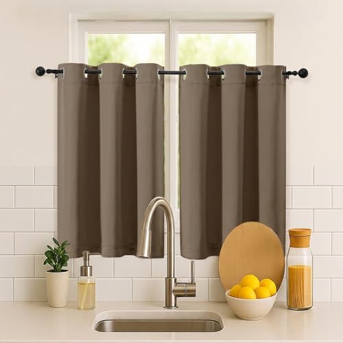 Image of Simplebrand Brown Short Cafe Curtains 36 Inch Length 2 Panels Set, Half Window Grommet Privacy Drape Tiers for Kitchen, Thermal Insulated Room Darkening Curtains for Bathroom Shades, W40 x L36