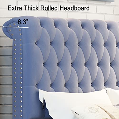 Jocisland King Bed Frame Upholstered Bed Sleigh Headboard Velvet Tufted Diamond Button/No Box Spring Needed/Easy Assembly/Silver Gray #TOP2
