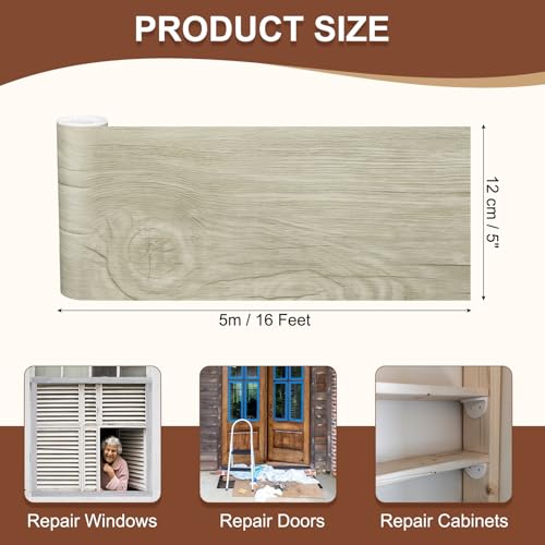 Image of MECCANIXITY Wood Grain Repair Tape, 5 Inch x 16 Feet Self Adhesive Wood Grain Tape Multi-Purpose Wallpaper Border Trim for Furniture Floors Windows Doors Tables Home, Brown
