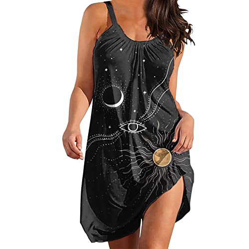 Générique Femmes Grande Taille été élégant O Cou Robe sans Manches à Lacets Robe bohème évider Vintage étoile et Lune Robe imprimée Mini Robe de Plage Parfum De Femmes Petite Robe Noire