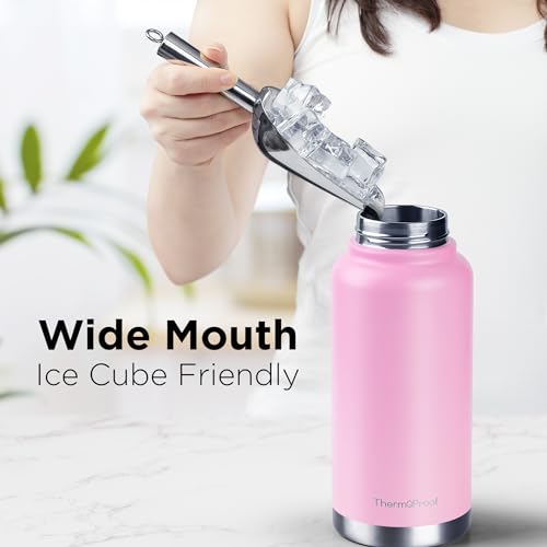 Image of ThermoProof Double-Walled Vacuum Insulated Stainless Steel Water Bottle - Wide Mouth Canteen, Spout & Straw Lids, Dishwasher Safe, Reusable, Leakproof, Hot & Cold for Men, Women & Kids - 32oz, Pink