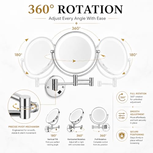 Image of ZAP LED Makeup Mirror with Light | 8 Inch Wall Mounted Double Sided Vanity Mirror | Brass & Stainless Steel | 3X /1X Magnification | Chrome Finish Bathroom Mirror