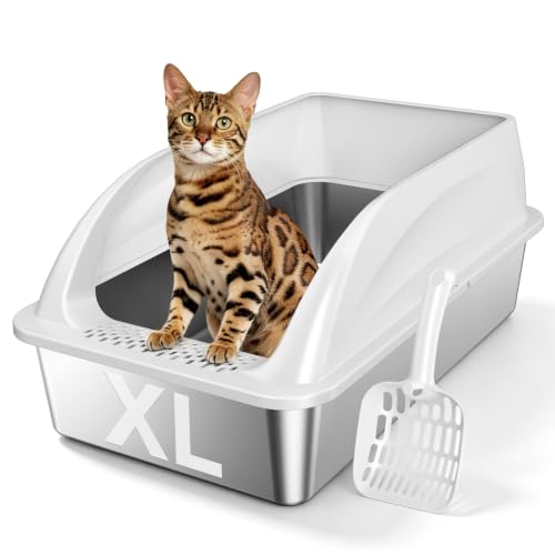 Stainless-Steel-Litter-Box-with-High-Sides-Extra-Large-Metal-Cat-Litter-Pan-for-Big-Cats-XL-Litter-Box-with-Scoop-Non-Stick-Easy-Clean-Anti-Leak-Kitty-Litter-Pan-Odor-Control-Open-Top-Design Stainless Steel Litter Box with High Sides, Extra Large Metal Cat Litter Pan for Big Cats, XL Litter Box with Scoop, Non-Stick Easy Clean Anti-Leak Kitty Litter Pan, Odor Control Open Top Design - Image 1