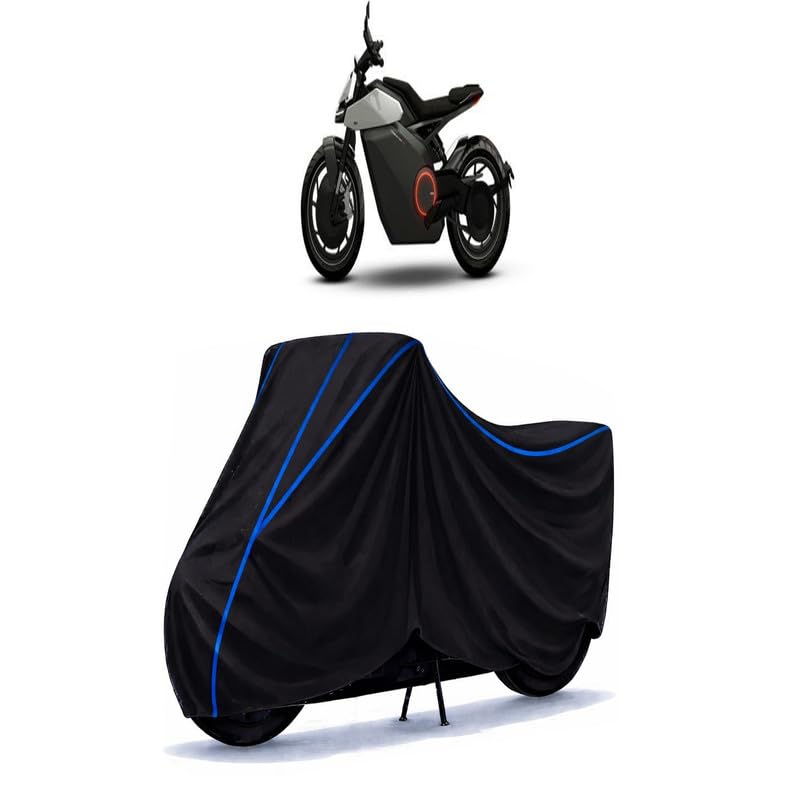 Image of Ola Roadster Bike Cover Water Resistant Universal Motorcycle Rain | Heavy Duty UV Protection, Dust, Scratch Indoor Outdoor All Weather with Black Blue Piping Elastic
