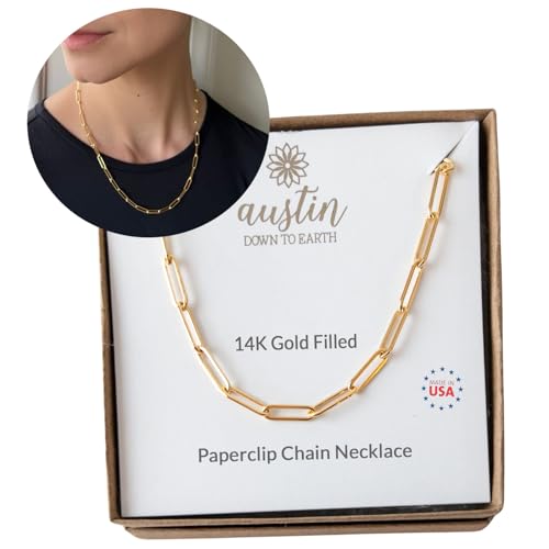 14k Gold Filled Paperclip Chain Necklace, Large Link Paper Clip Chain, Chain Necklaces for Women, Adjustable Length Chunky, Heavy Long Trendy (Gold, 18+2)