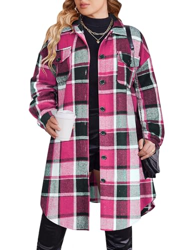 Zeagoo Womens Plus Size Flannel Plaid Button Down Shirts Long Sleeve Lounge Lapel Tartan Shacket Jacket Long Coats 2024