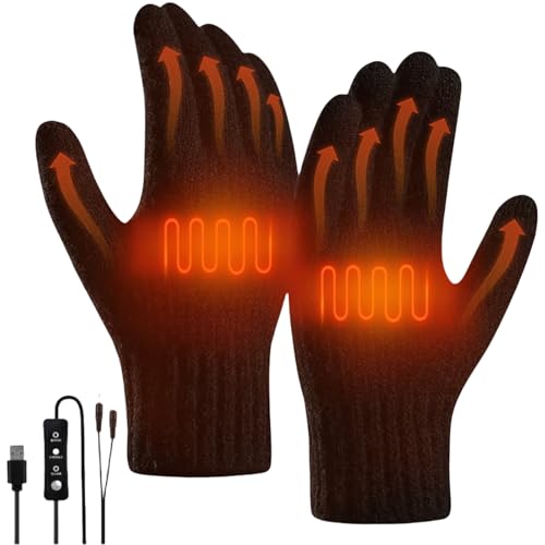 Heated Gloves for Men Women Full Finger Hand Warmers Winter Warm Knit Gloves Washable Gloves with 3 Levels Adjustable Temperature for Indoor Outdoor