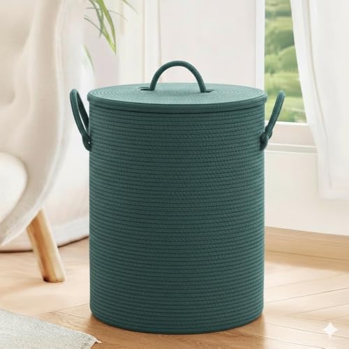 Image of Basket with Lid, 15 inch x 20 inch Woven Storage Basket for Blankets, Toys, Pillows, Towels, Living Room Bedroom Storage Bin, Round Rope Basket with Lid, Wicker Baskets for Organizing (BG5)