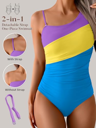 Image of Aidonger One Shoulder One Piece Swimsuit for Women Tummy Control Bathing Suits Color Block Ruched Swim Suit Slimming Swimwear