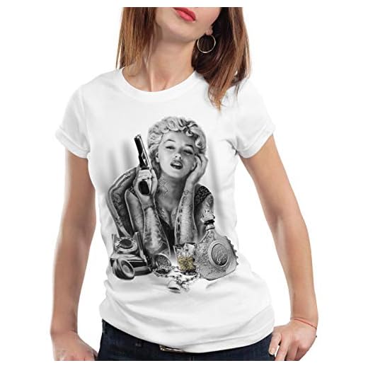 style3 Marilyn Tattoo Heartbreaker Camiseta para Mujer T-Shirt Rock Monroe tatuar USA, Color:Blanco, Talla:XL
