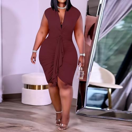 Image of IyMoo Women's Sexy Plus Size Bodycon Sleeveless Drawstring Ruched Mini Club Dresses