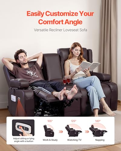 Image of VEVOR Loveseat Recliner Sofa with Massage & Heat, Power Reclining Couch with Console, PU Leather Electric RV Sofa with USB & Outlet /Storage /Cup Holders /Pockets, Home Theater Seating for Living Room